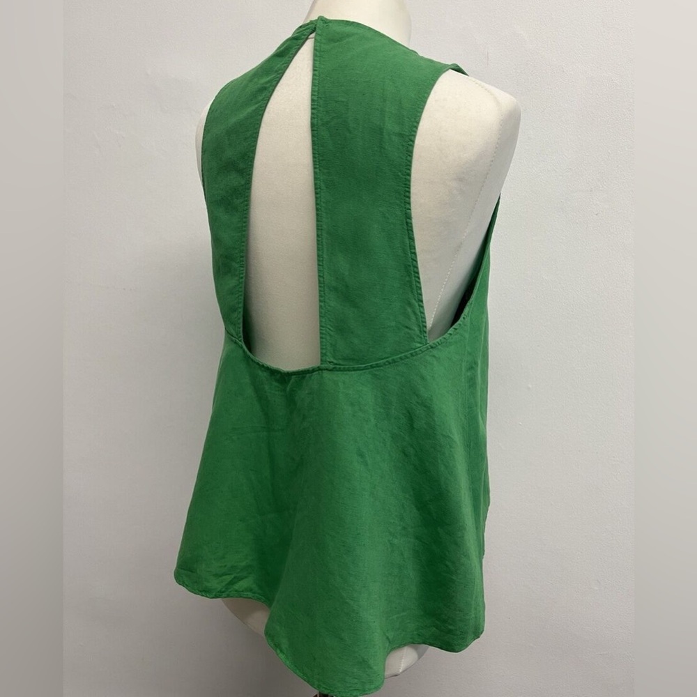 Zara A-line High Neck Peplum Linen Green Open Back Tank Top Shirt Womens M